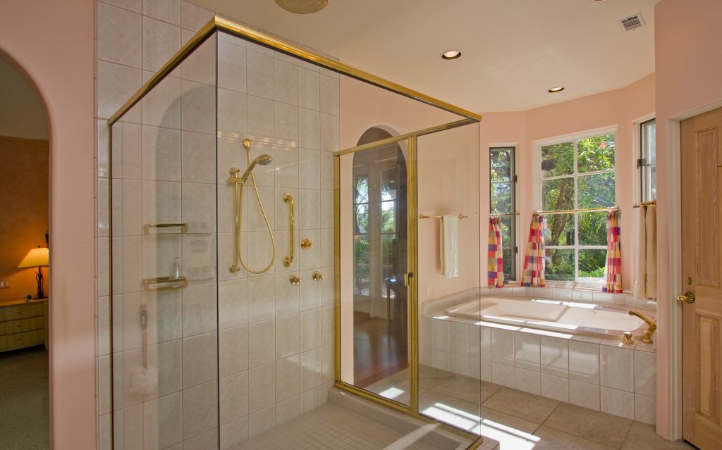 custom bathroom design, santa barbara shower, glass shower door